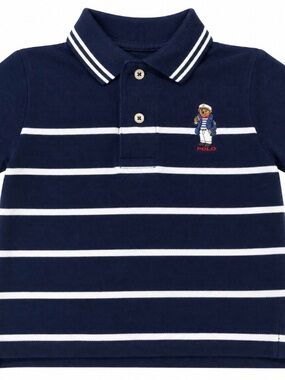 Ralph Lauren Navy and White Striped Polo with Polo Bear